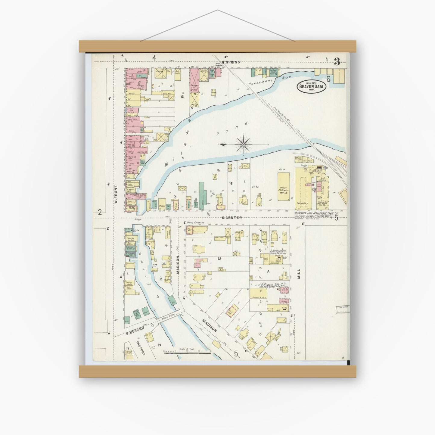 Old map wall art mockup — magnetic wood frame on white wall — Sanborn Fire Insurance Map from Beaver Dam, Dodge County, Wisconsin (1897), Sheet #0003
