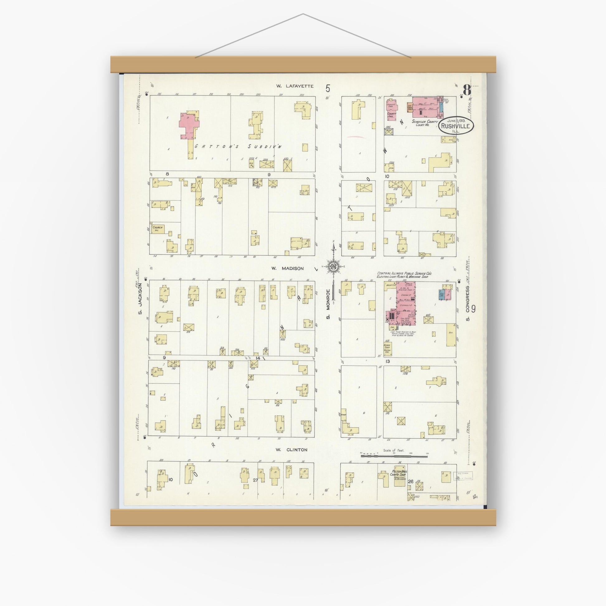 Old map wall art mockup — magnetic wood frame on white wall — Sanborn Fire Insurance Map from Rushville, Schuyler County, Illinois (1913), Sheet #0008