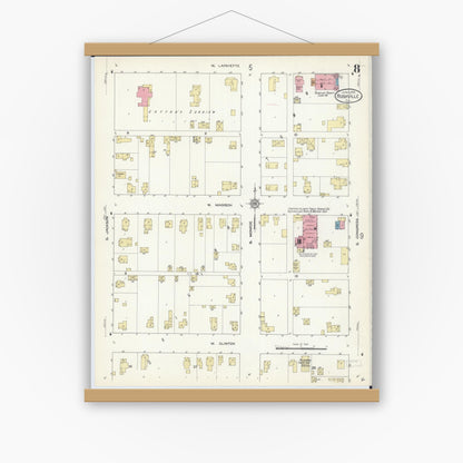 Old map wall art mockup — magnetic wood frame on white wall — Sanborn Fire Insurance Map from Rushville, Schuyler County, Illinois (1913), Sheet #0008