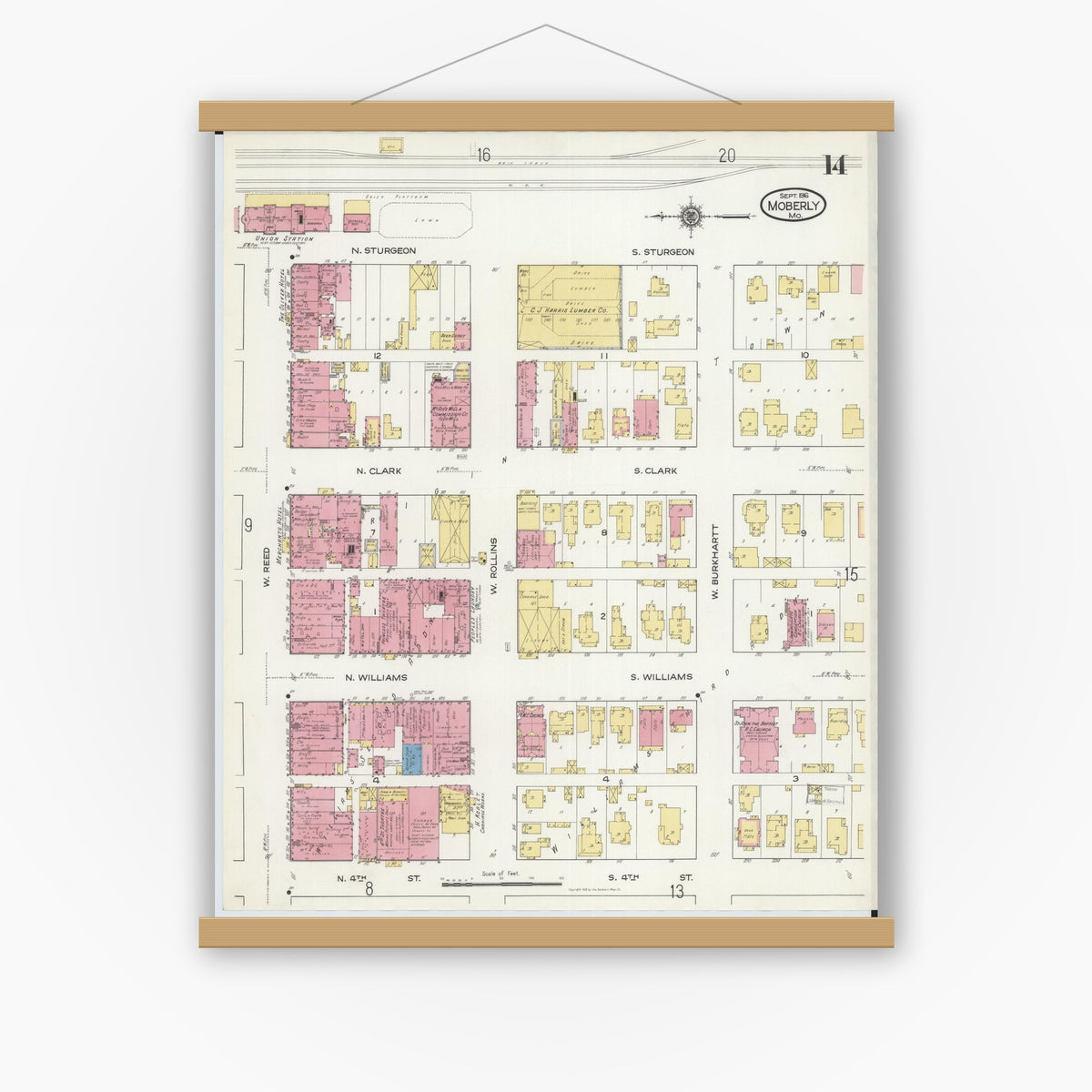 Old map wall art mockup — magnetic wood frame on white wall — Sanborn Fire Insurance Map from Moberly, Randolph County, Missouri (1916), Sheet #0014