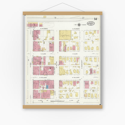 Old map wall art mockup — magnetic wood frame on white wall — Sanborn Fire Insurance Map from Moberly, Randolph County, Missouri (1916), Sheet #0014