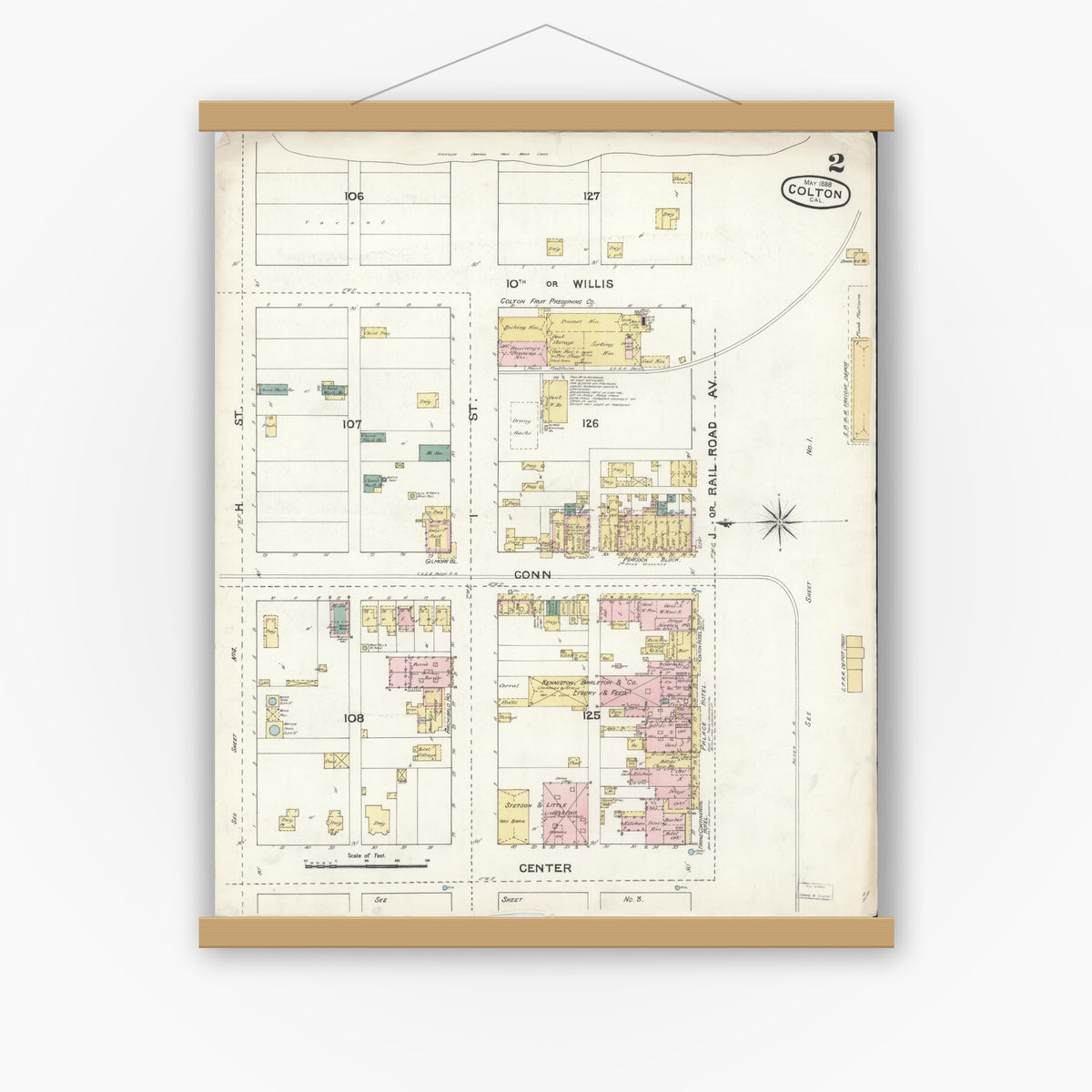 Old map wall art mockup — magnetic wood frame on white wall — Sanborn Fire Insurance Map from Colton, San Bernardino County, California (1888), Sheet #0002