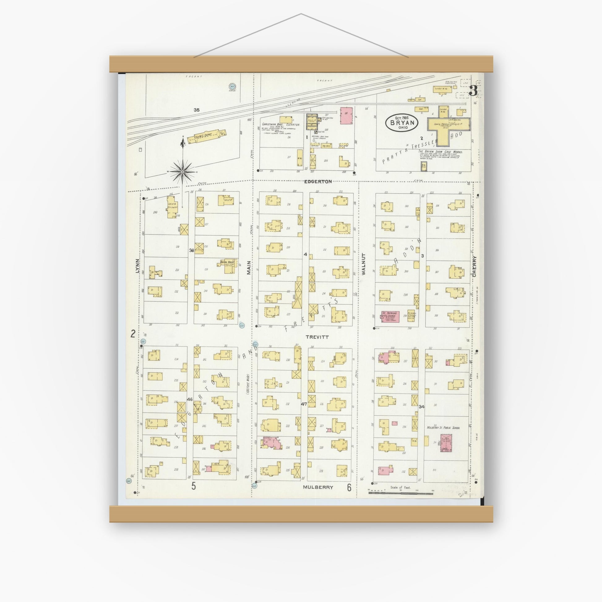 Old map wall art mockup — magnetic wood frame on white wall — Sanborn Fire Insurance Map from Bryan, Williams County, Ohio (1905), Sheet #0003