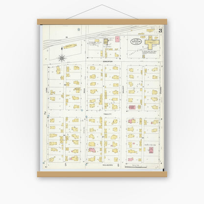Old map wall art mockup — magnetic wood frame on white wall — Sanborn Fire Insurance Map from Bryan, Williams County, Ohio (1905), Sheet #0003