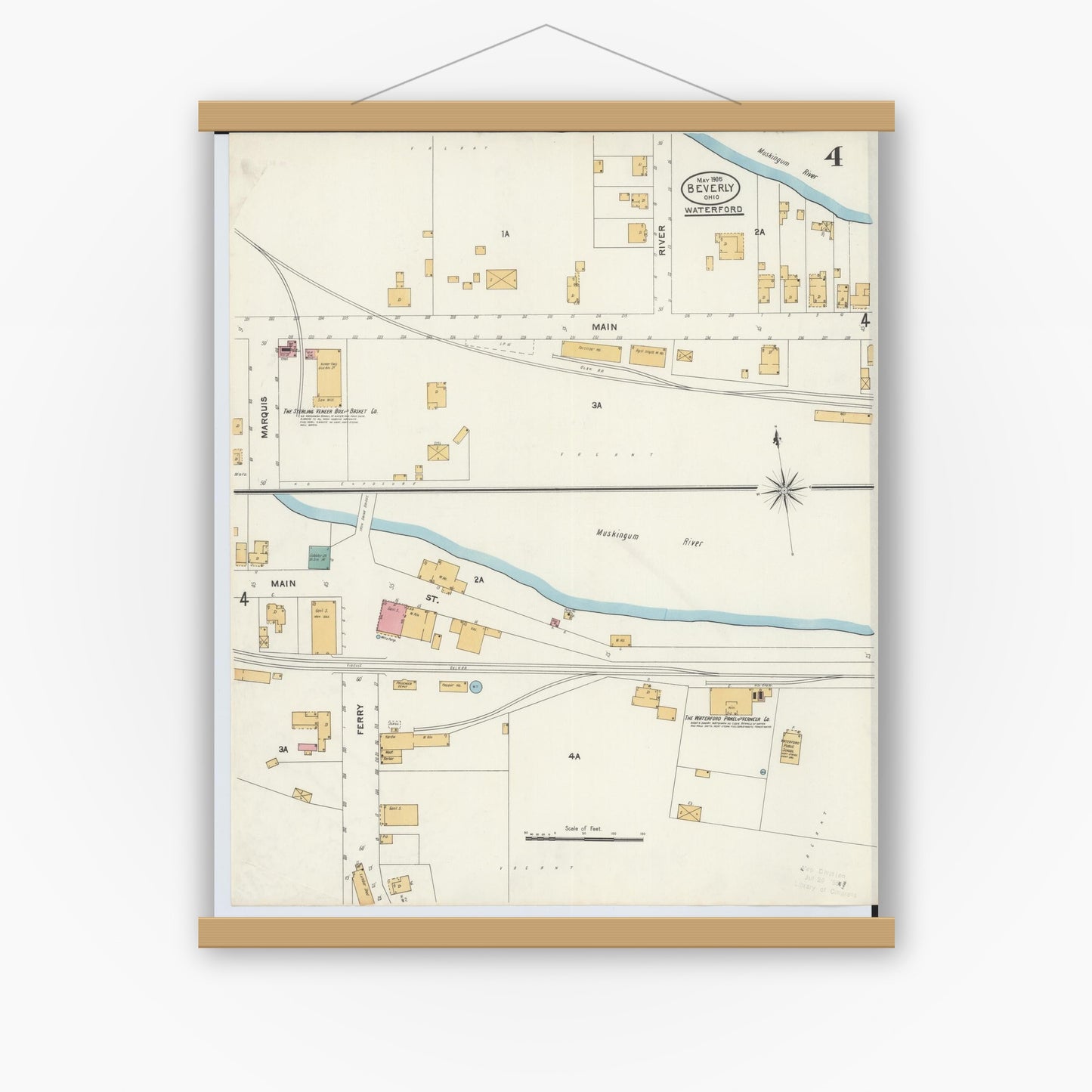 Old map wall art mockup — magnetic wood frame on white wall — Sanborn Fire Insurance Map from Beverly, Washington County, Ohio (1905), Sheet #0004
