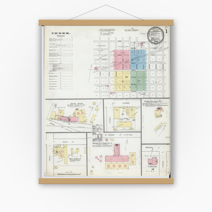 Old map wall art mockup — magnetic wood frame on white wall — Sanborn Fire Insurance Map from Macomb, Mcdonough County, Illinois (1892), Sheet #0001