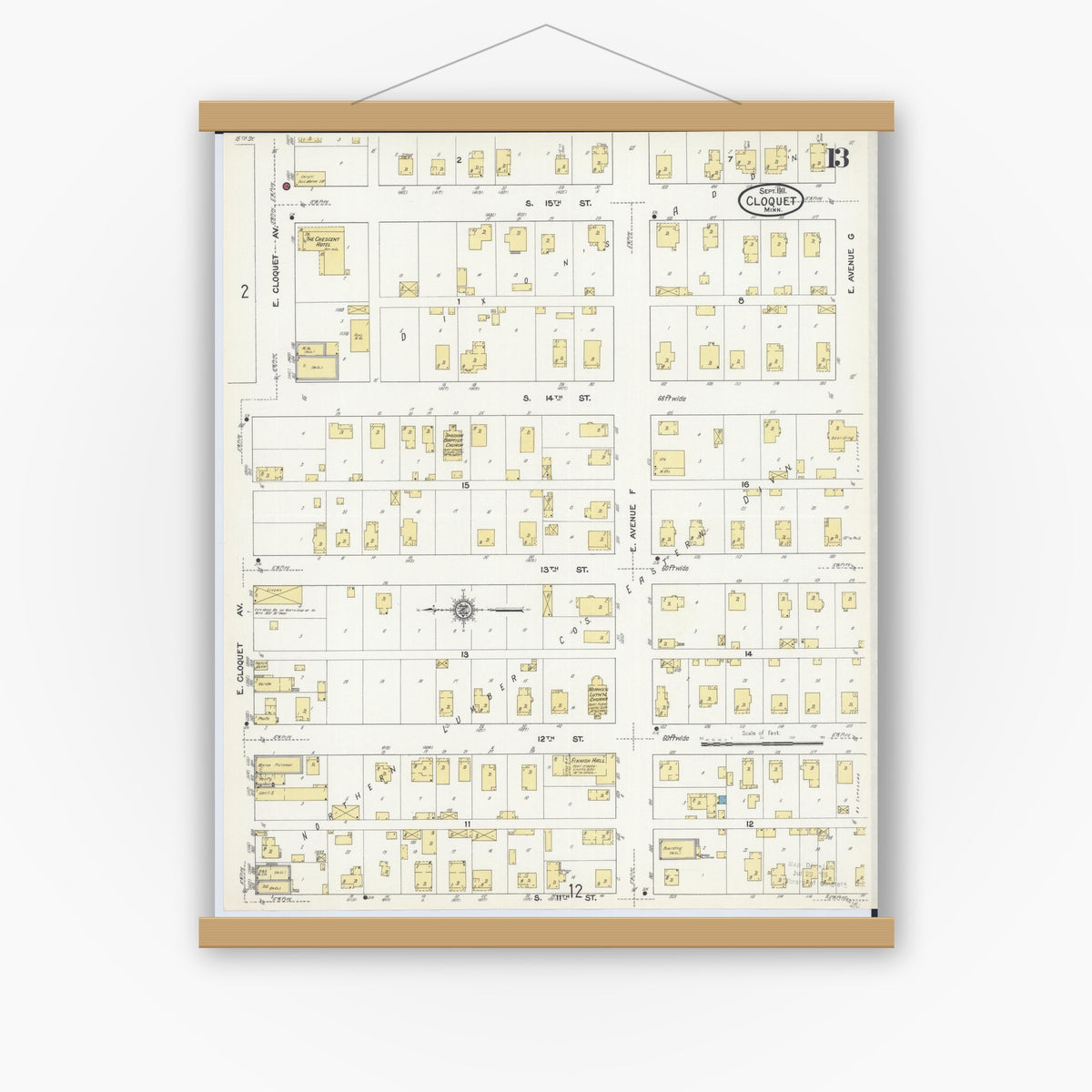 Old map wall art mockup — magnetic wood frame on white wall — Sanborn Fire Insurance Map from Cloquet, Carlton County, Minnesota (1911), Sheet #0013