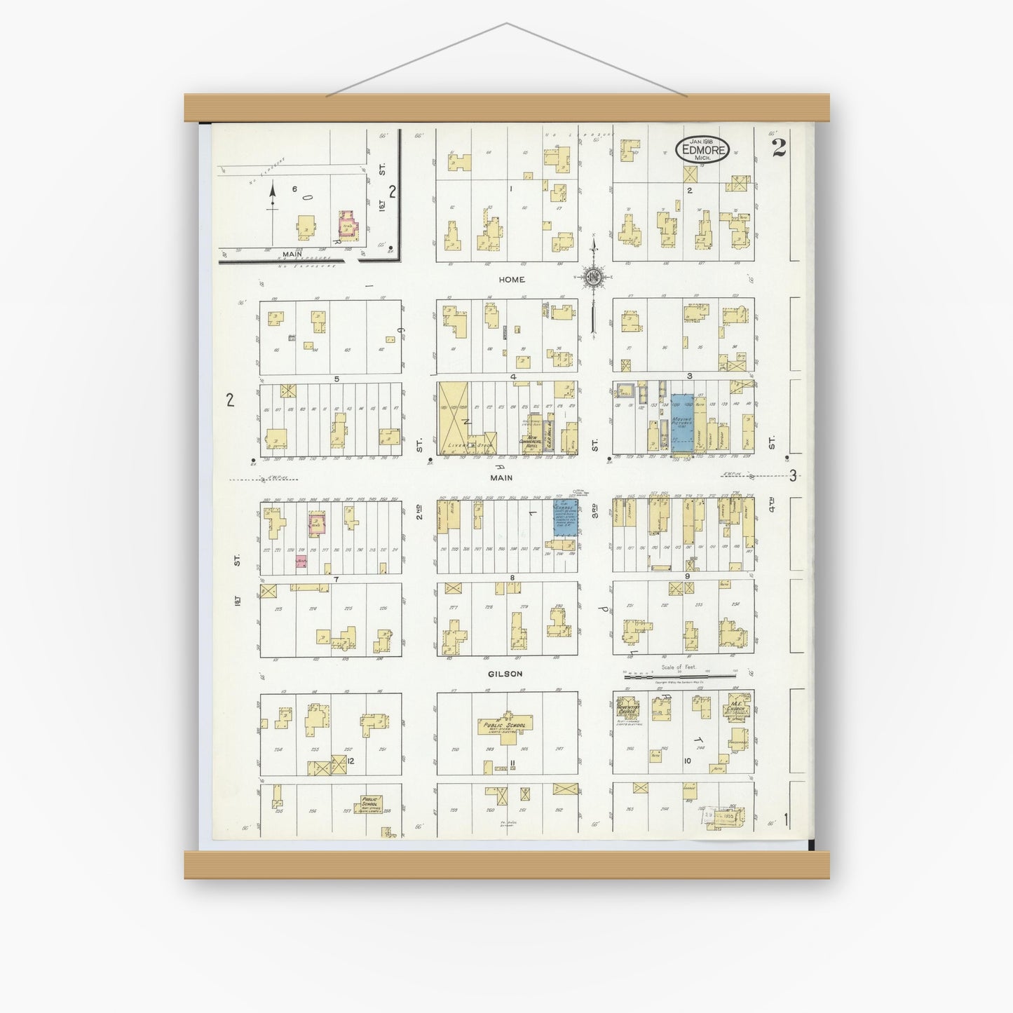 Old map wall art mockup — magnetic wood frame on white wall — Sanborn Fire Insurance Map from Edmore, Montcalm County, Michigan (1918), Sheet #0002