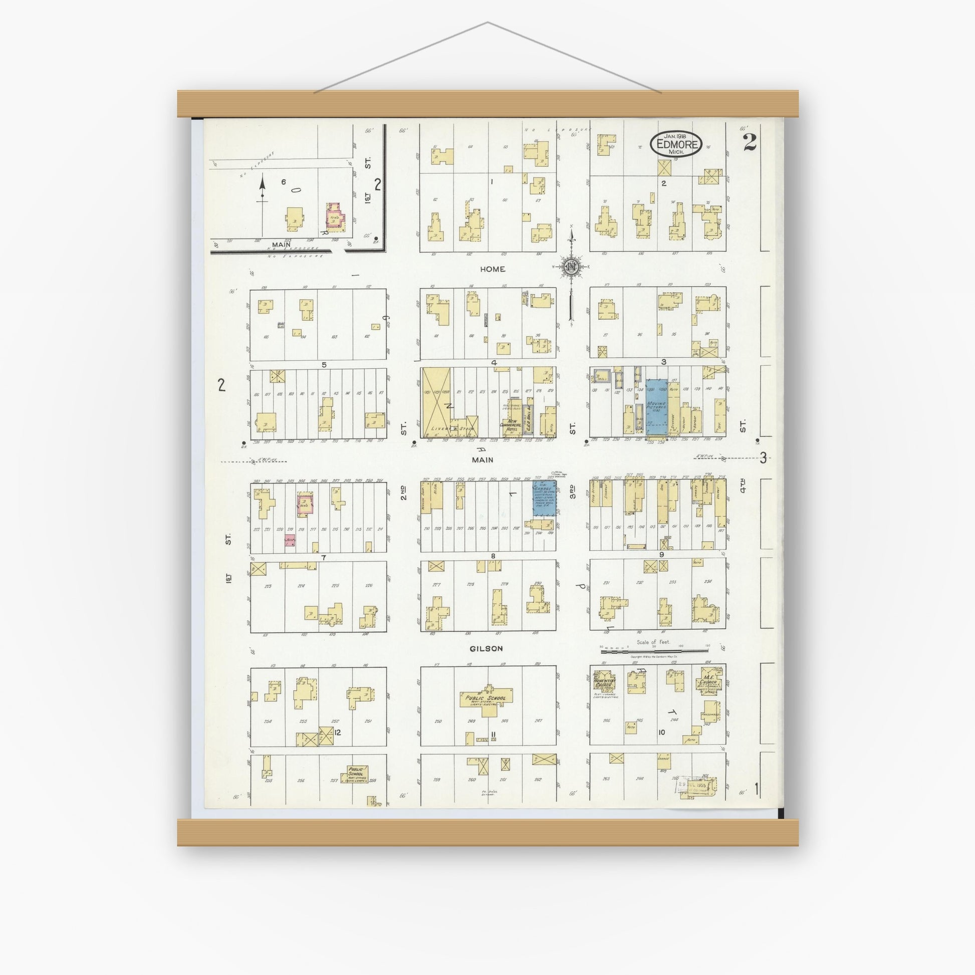 Old map wall art mockup — magnetic wood frame on white wall — Sanborn Fire Insurance Map from Edmore, Montcalm County, Michigan (1918), Sheet #0002