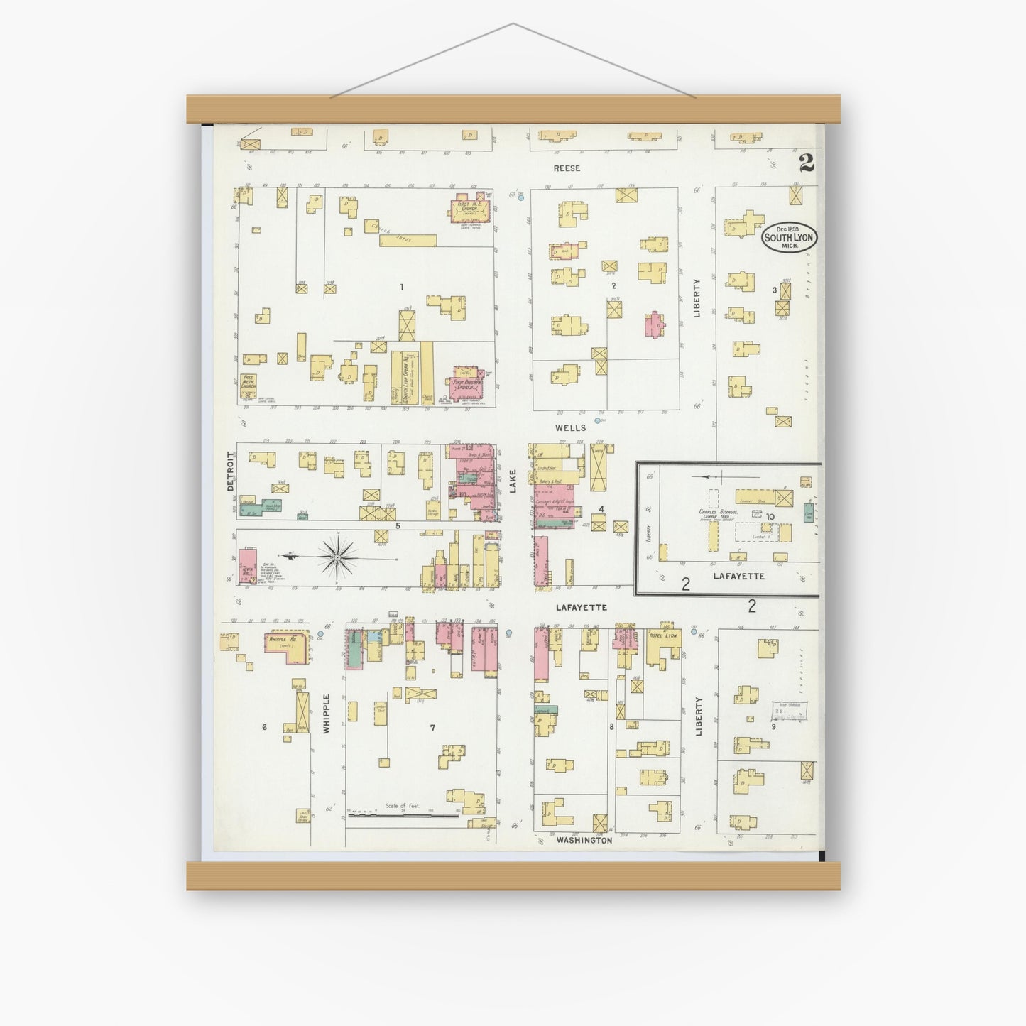 Old map wall art mockup — magnetic wood frame on white wall — Sanborn Fire Insurance Map from South Lyon, Oakland County, Michigan (1899), Sheet #0002