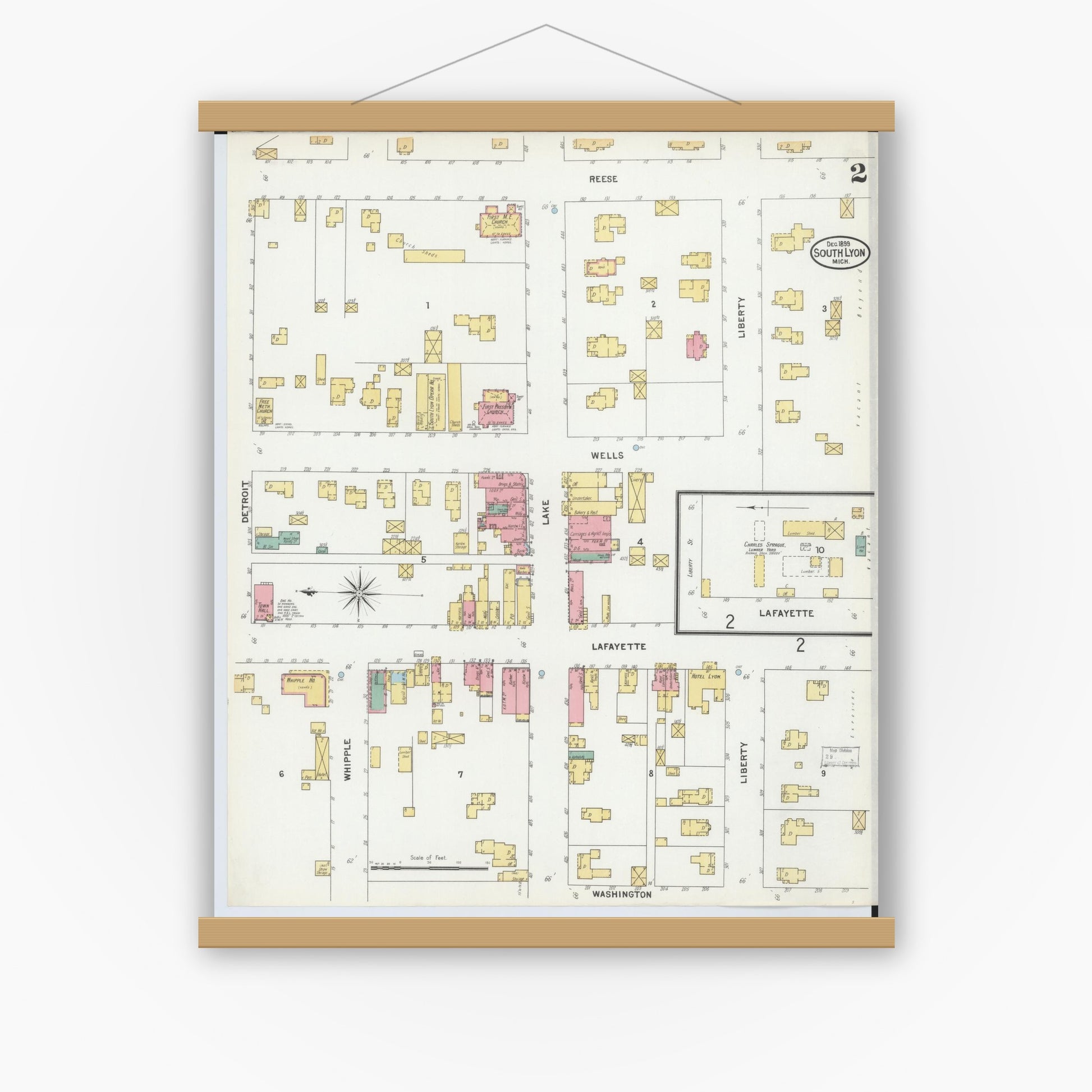 Old map wall art mockup — magnetic wood frame on white wall — Sanborn Fire Insurance Map from South Lyon, Oakland County, Michigan (1899), Sheet #0002
