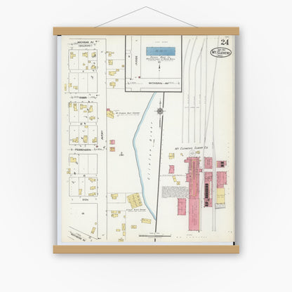 Old map wall art mockup — magnetic wood frame on white wall — Sanborn Fire Insurance Map from Mount Clemens, Macomb County, Michigan (1921), Sheet #0024