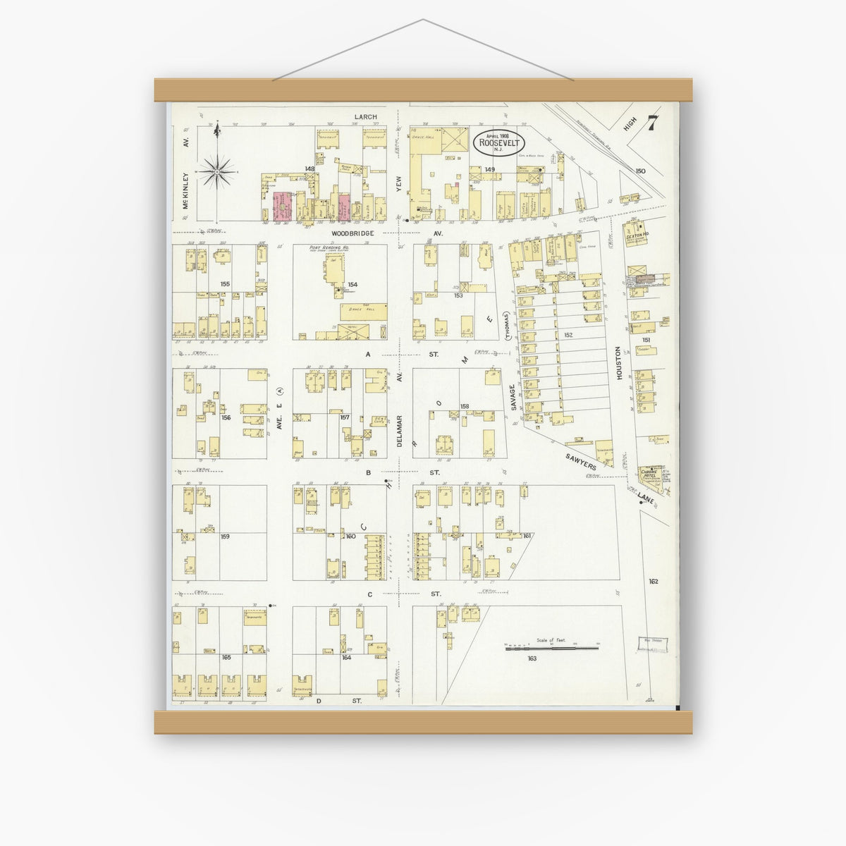 Old map wall art mockup — magnetic wood frame on white wall — Sanborn Fire Insurance Map from Roosevelt, Middlesex County, New Jersey (1908), Sheet #0007