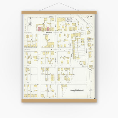 Old map wall art mockup — magnetic wood frame on white wall — Sanborn Fire Insurance Map from Roosevelt, Middlesex County, New Jersey (1908), Sheet #0007