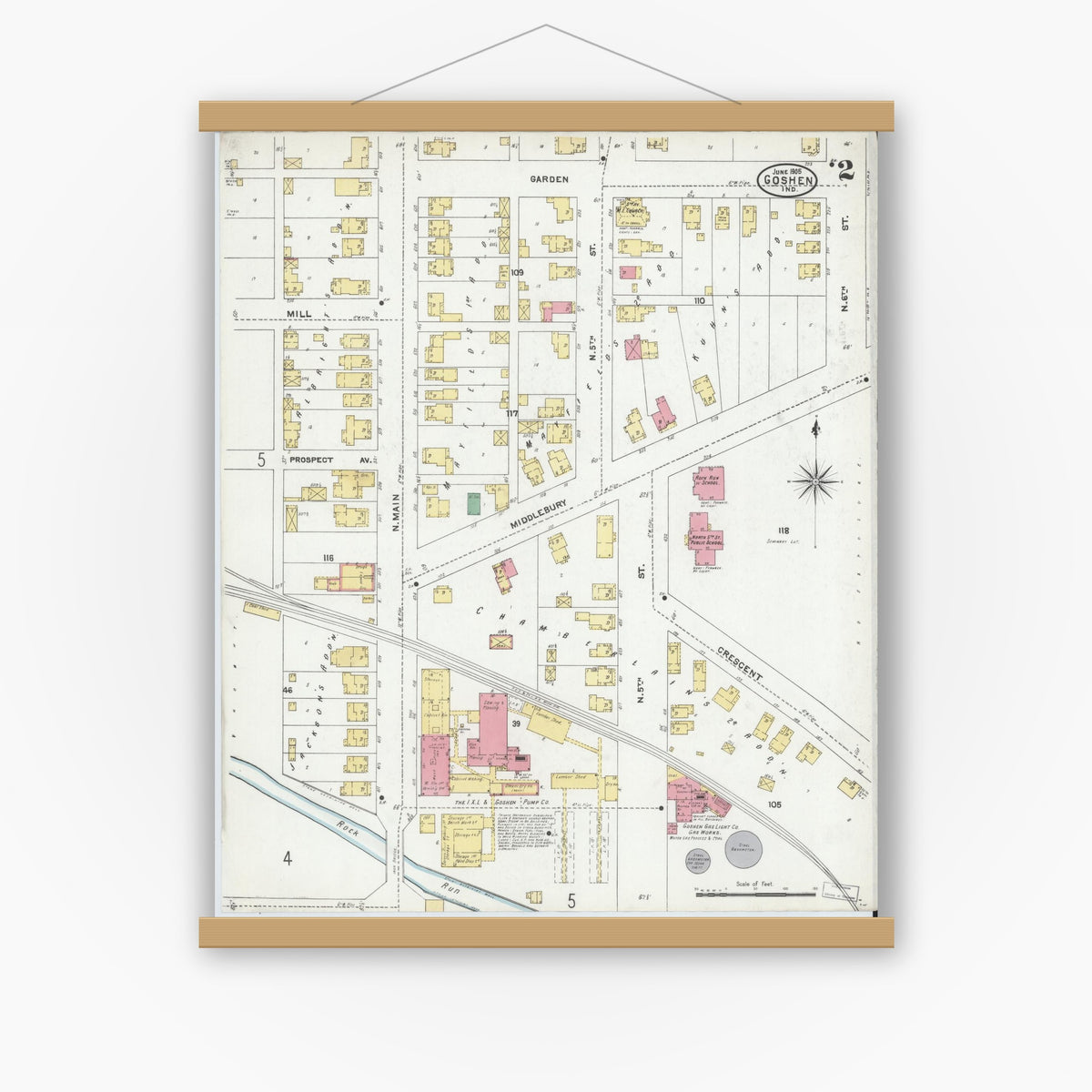 Old map wall art mockup — magnetic wood frame on white wall — Sanborn Fire Insurance Map from Goshen, Elkhart County, Indiana (1905), Sheet #0002