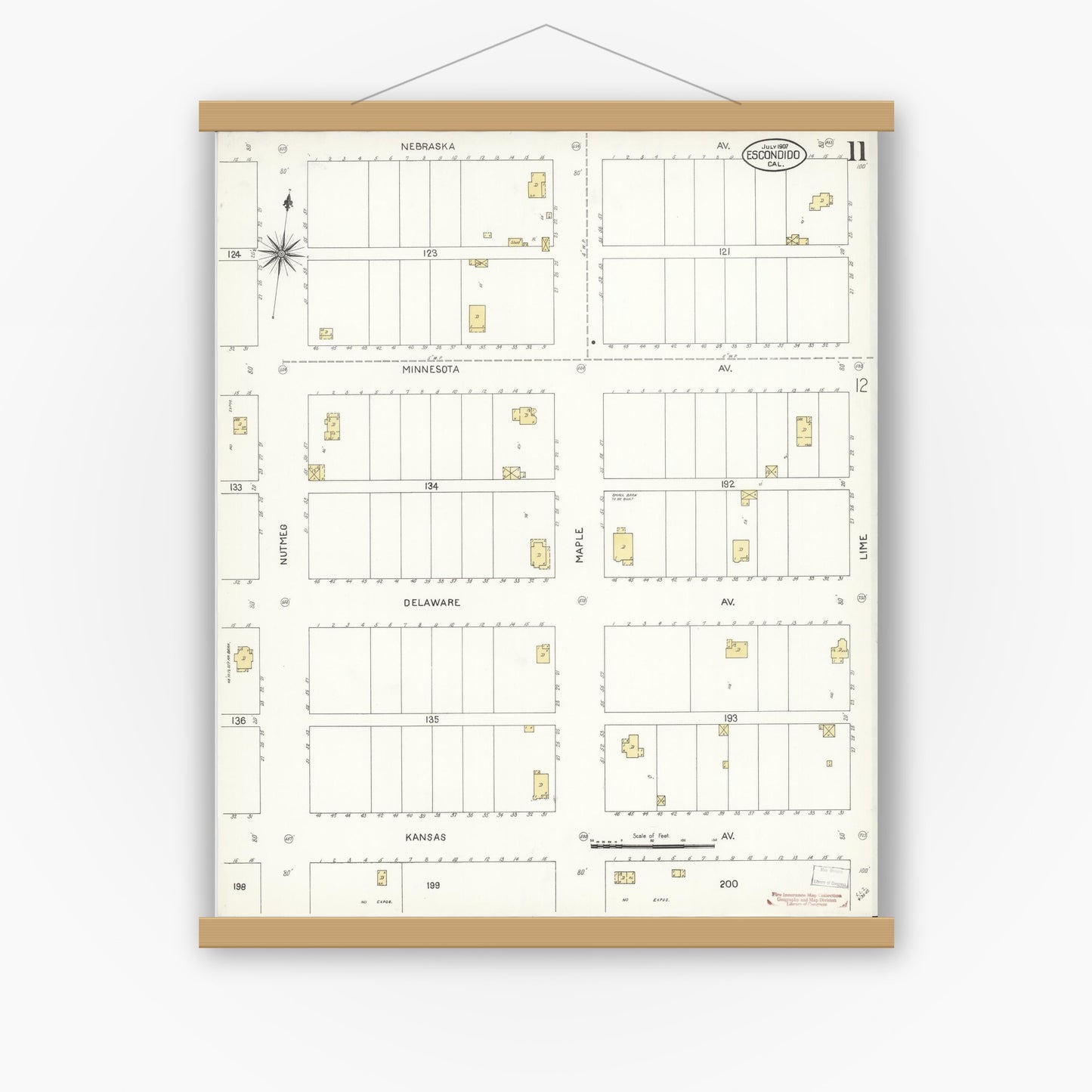 Old map wall art mockup — magnetic wood frame on white wall — Sanborn Fire Insurance Map from Escondido, San Diego County, California (1907), Sheet #0011