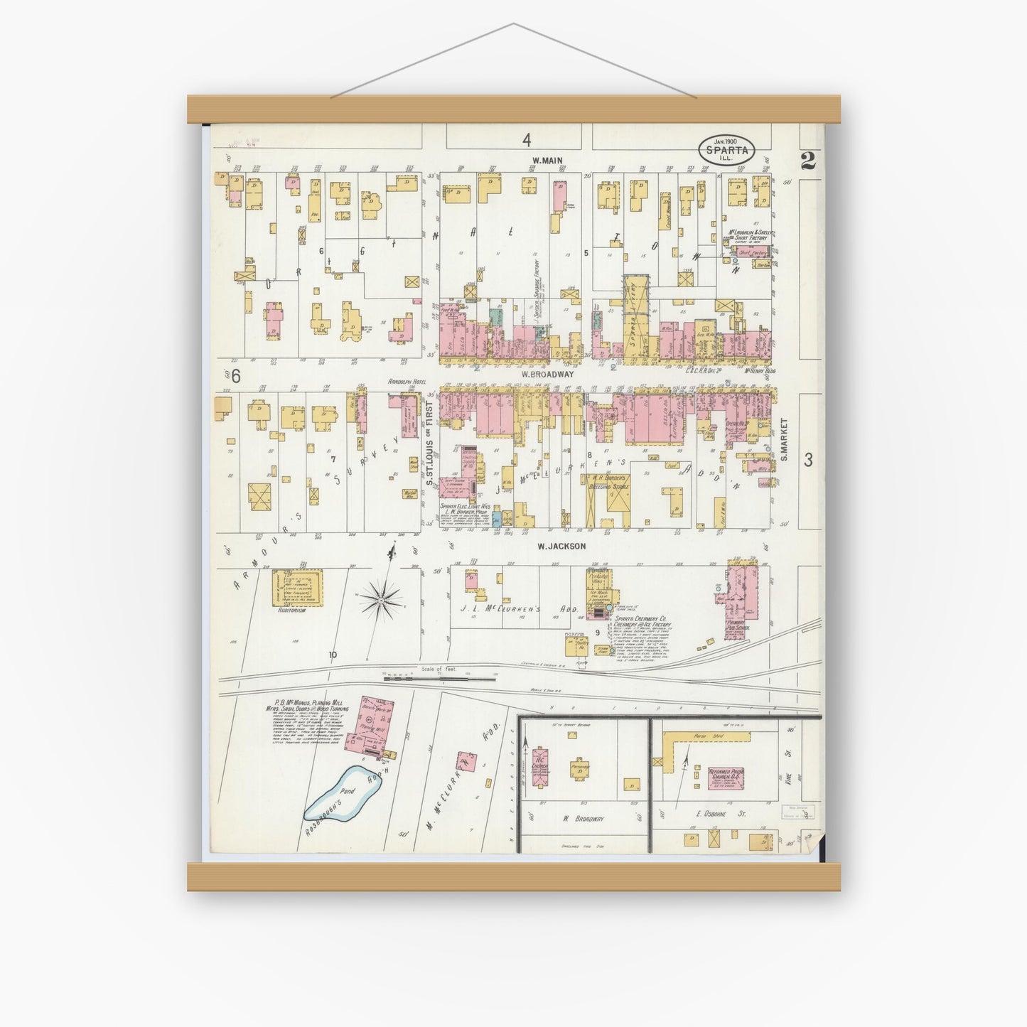 Old map wall art mockup — magnetic wood frame on white wall — Sanborn Fire Insurance Map from Sparta, Randolph County, Illinois (1900), Sheet #0002