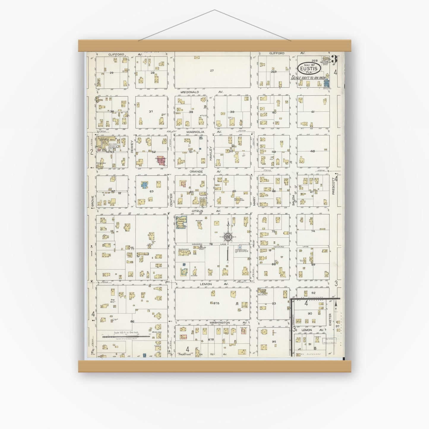 Old map wall art mockup — magnetic wood frame on white wall — Sanborn Fire Insurance Map from Eustis, Lake County, Florida (1917), Sheet #0003