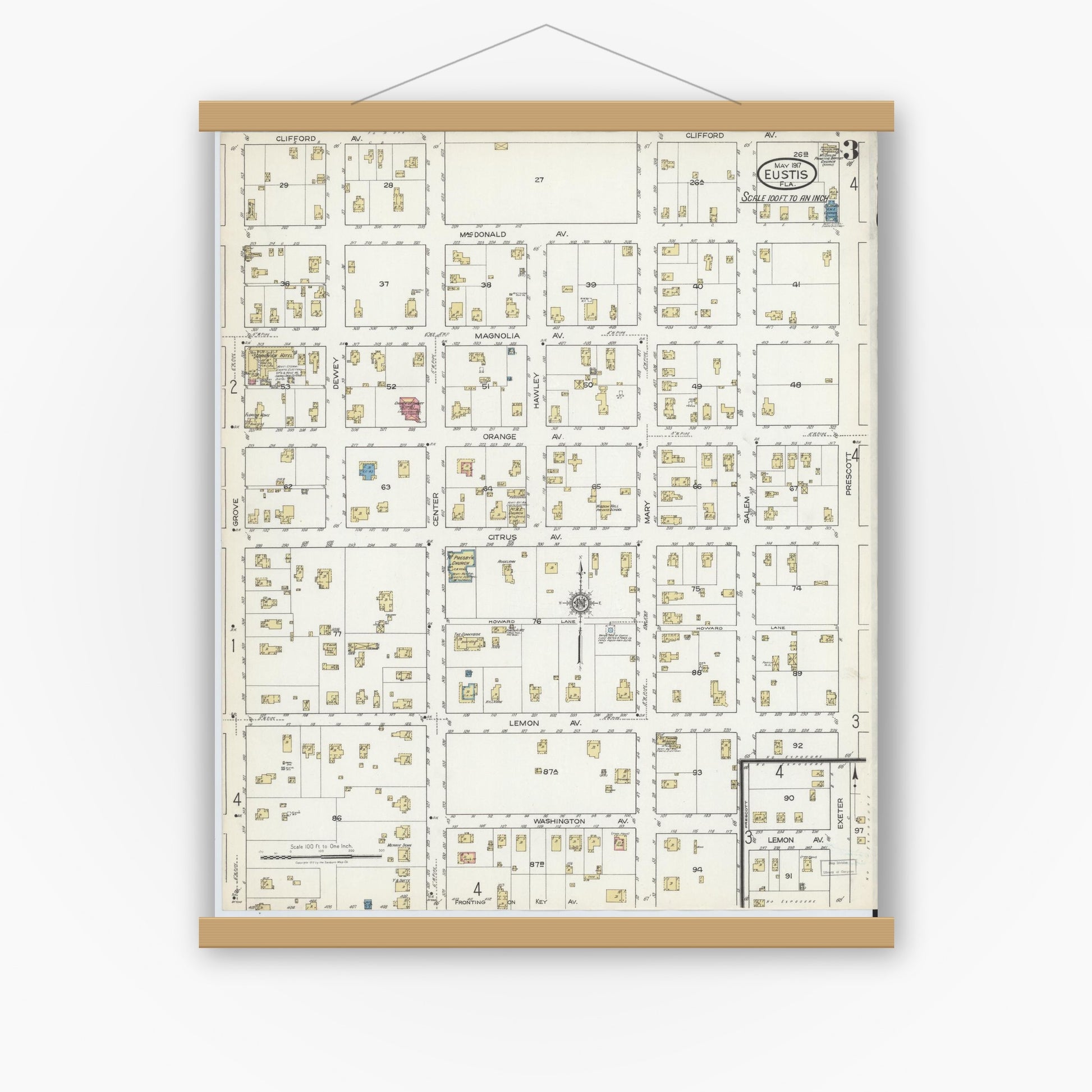 Old map wall art mockup — magnetic wood frame on white wall — Sanborn Fire Insurance Map from Eustis, Lake County, Florida (1917), Sheet #0003