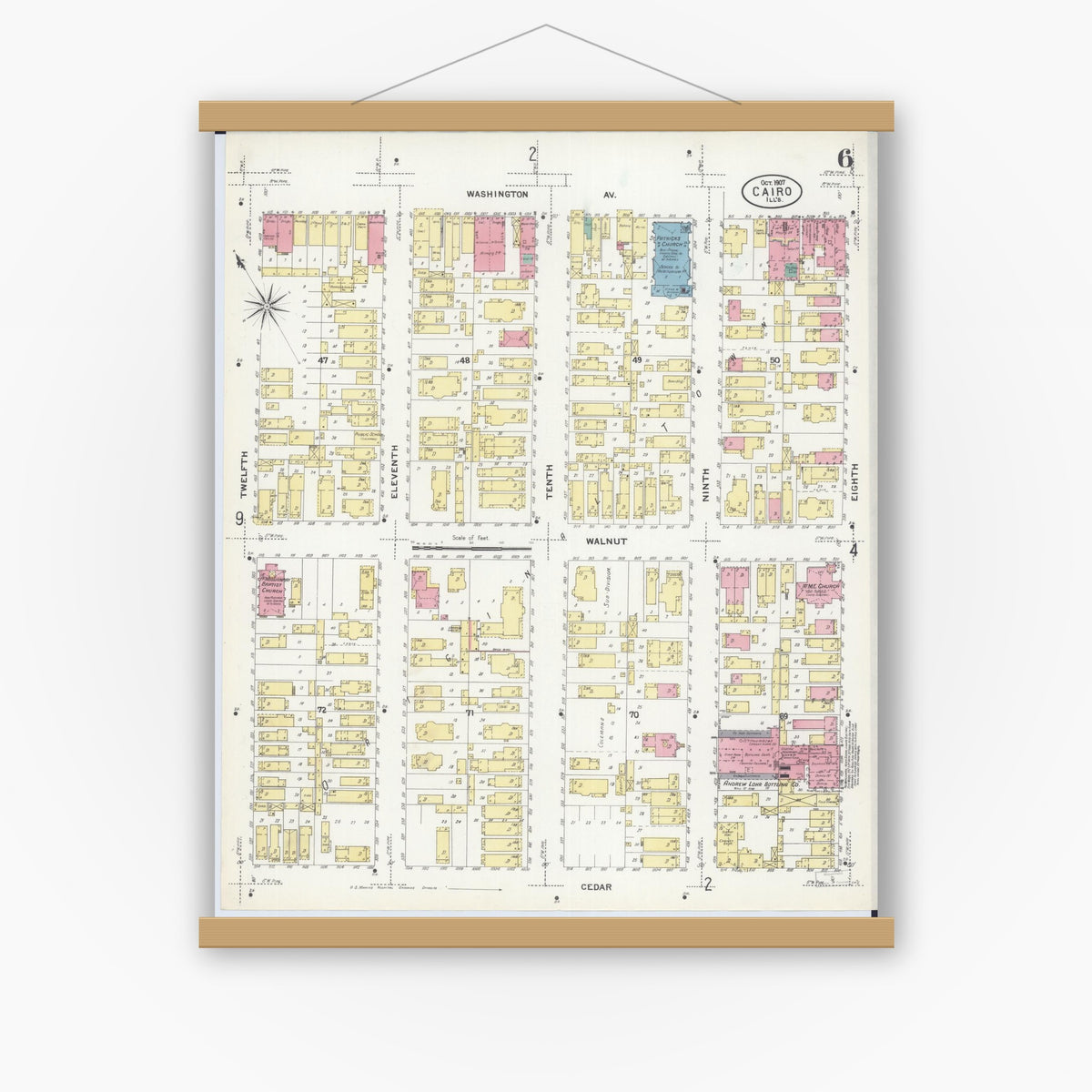 Old map wall art mockup — magnetic wood frame on white wall — Sanborn Fire Insurance Map from Cairo, Alexander County, Illinois (1907), Sheet #0006
