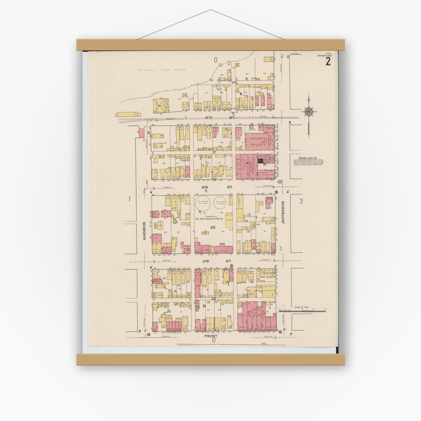 Old map wall art mockup — magnetic wood frame on white wall — Sanborn Fire Insurance Map from Portsmouth, Scioto County, Ohio (1921), Sheet #0002