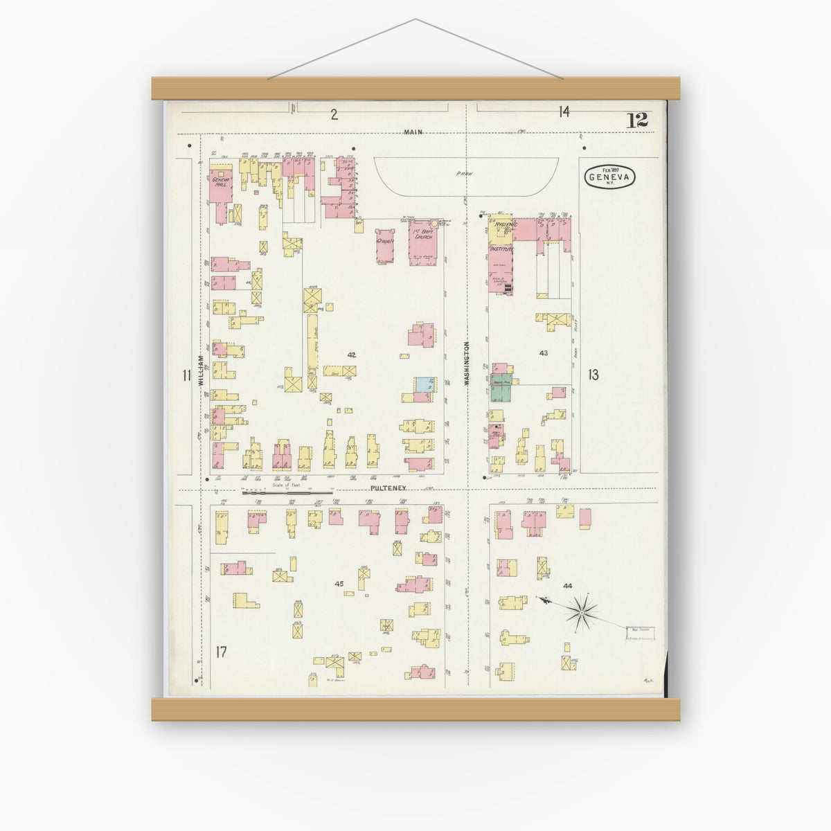 Old map wall art mockup — magnetic wood frame on white wall — Sanborn Fire Insurance Map from Geneva, Ontario County, New York (1897), Sheet #0012