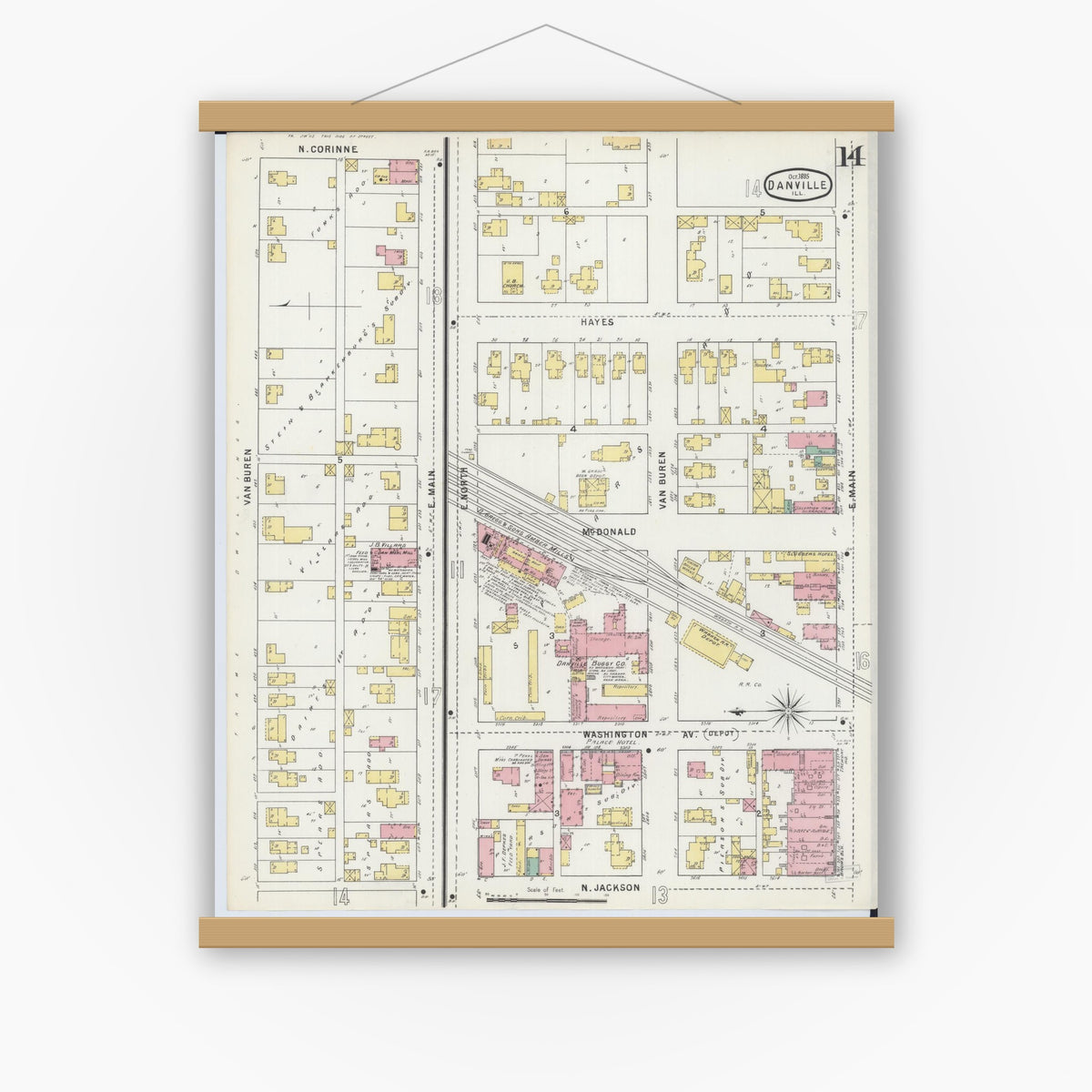Old map wall art mockup — magnetic wood frame on white wall — Sanborn Fire Insurance Map from Danville, Vermilion County, Illinois (1895), Sheet #0014