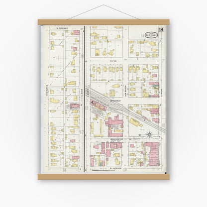 Old map wall art mockup — magnetic wood frame on white wall — Sanborn Fire Insurance Map from Danville, Vermilion County, Illinois (1895), Sheet #0014