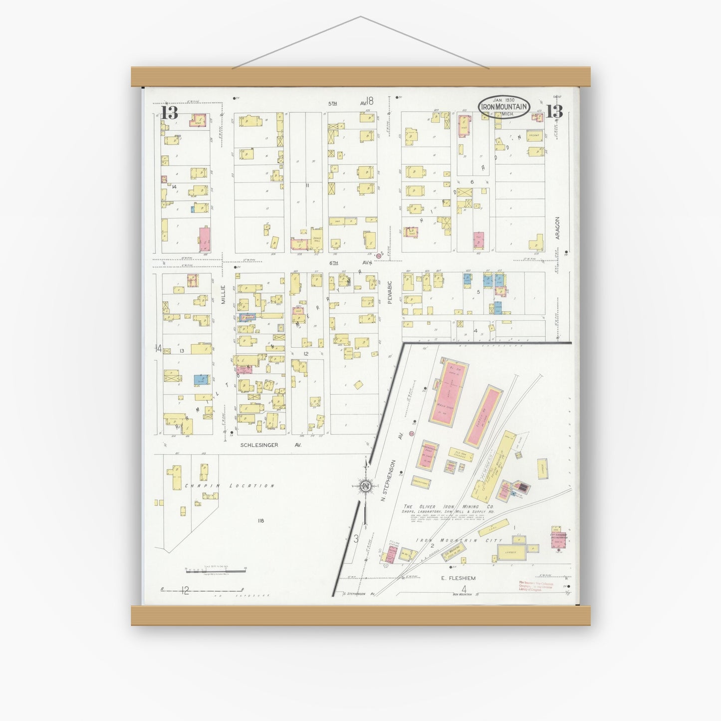 Old map wall art mockup — magnetic wood frame on white wall — Sanborn Fire Insurance Map from Iron Mountain, Dickinson County, Michigan (1930), Sheet #0013