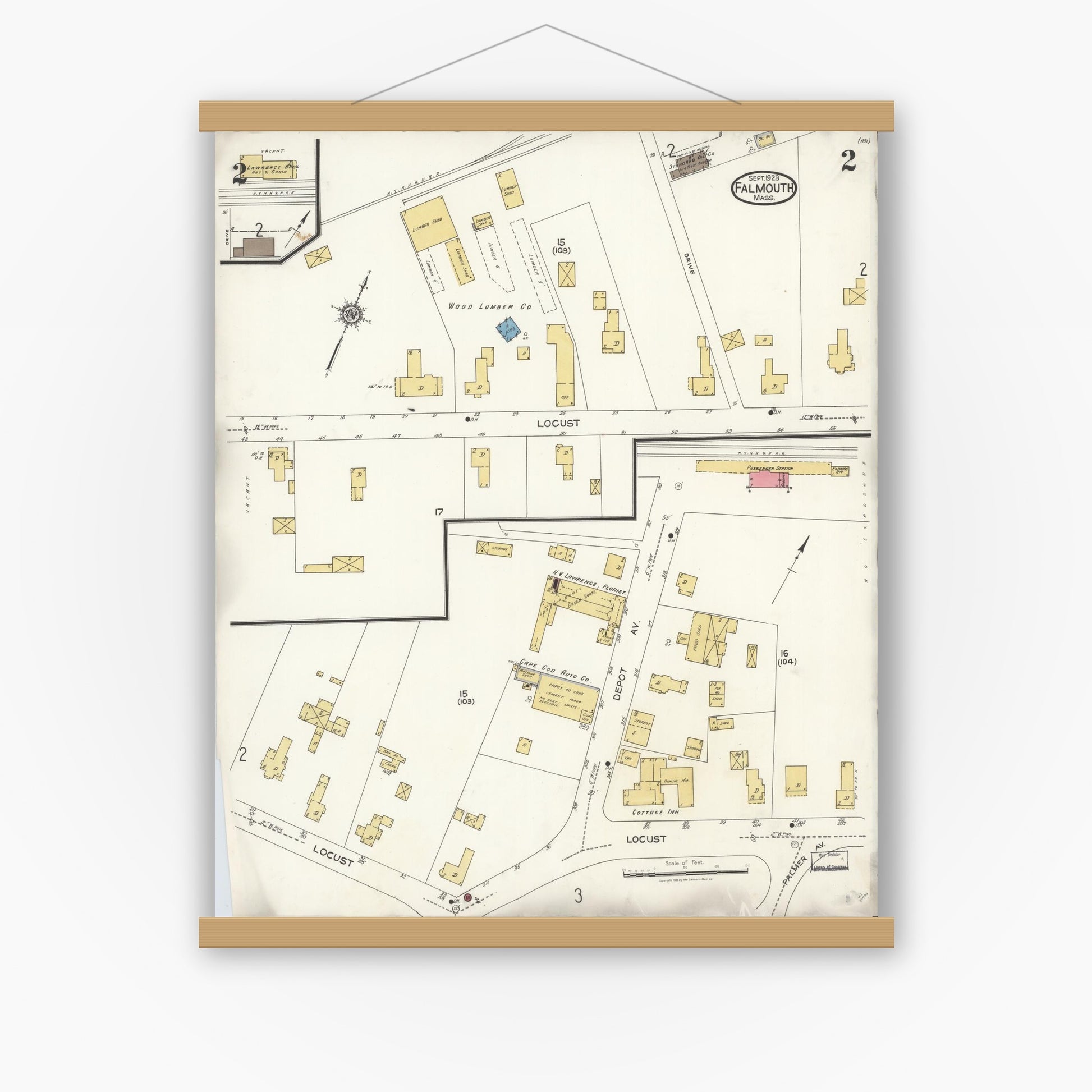 Old map wall art mockup — magnetic wood frame on white wall — Sanborn Fire Insurance Map from Falmouth, Barnstable County, Massachusetts (1923), Sheet #0002