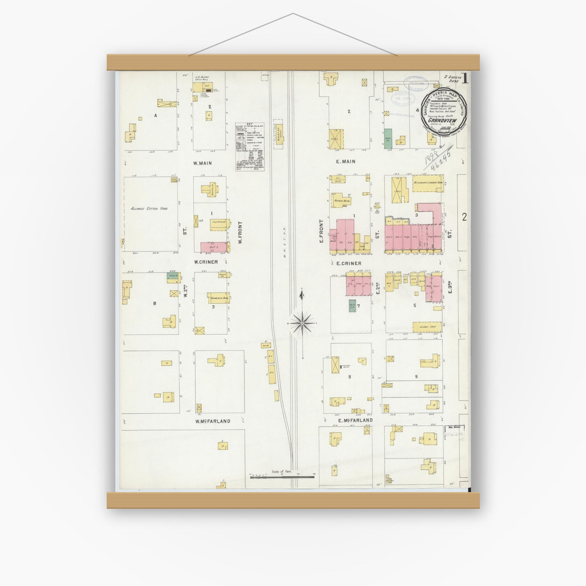 Old map wall art mockup — magnetic wood frame on white wall — Sanborn Fire Insurance Map from Grandview, Johnson County, Texas (1898) - Complete Map Set