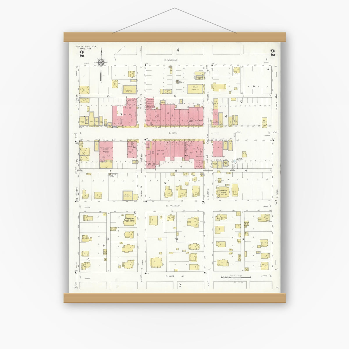 Old map wall art mockup — magnetic wood frame on white wall — Sanborn Fire Insurance Map from Wolfe City, Hunt County, Texas (1934), Sheet #0002