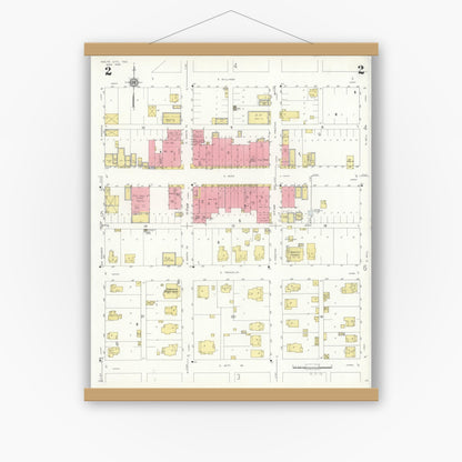 Old map wall art mockup — magnetic wood frame on white wall — Sanborn Fire Insurance Map from Wolfe City, Hunt County, Texas (1934), Sheet #0002