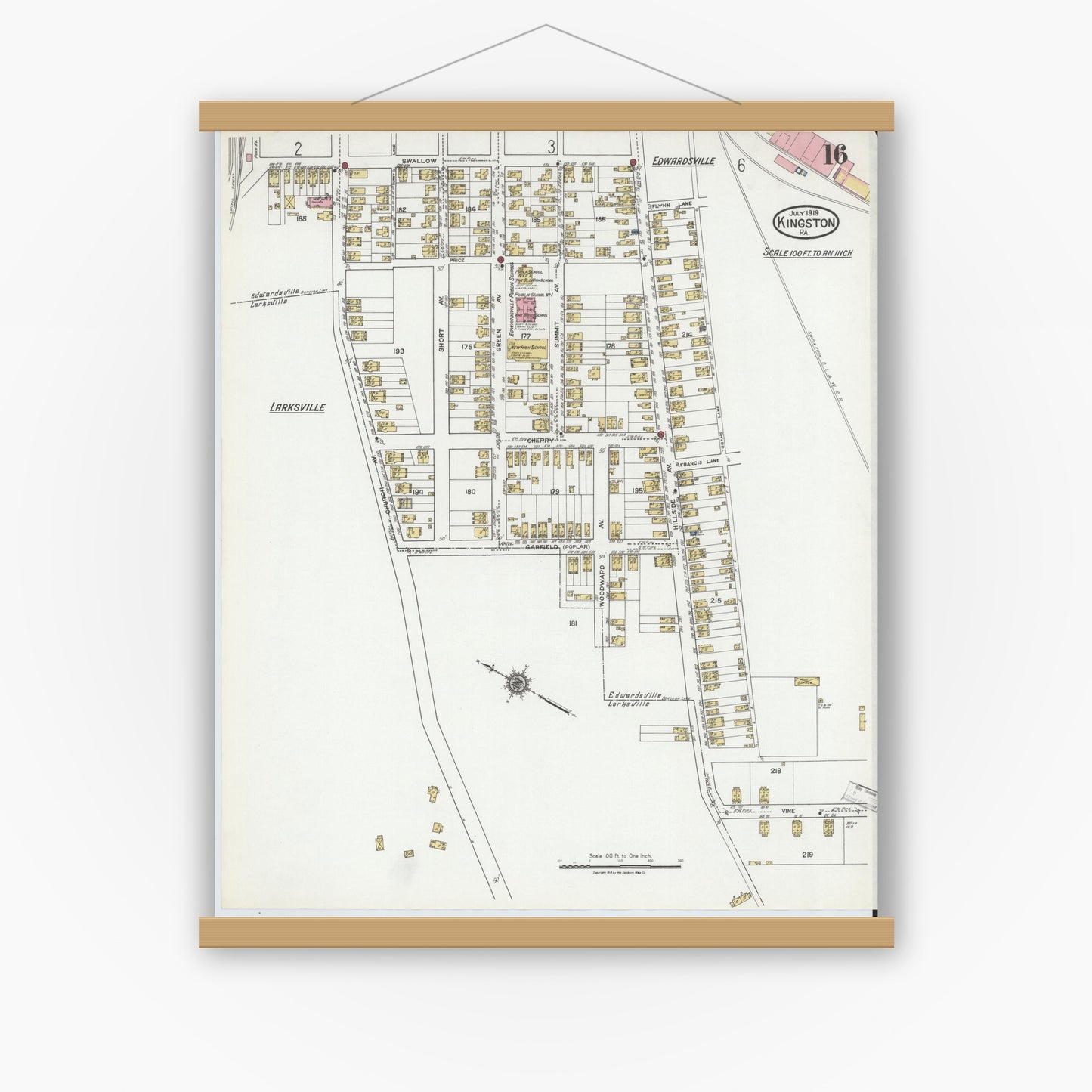 Old map wall art mockup — magnetic wood frame on white wall — Sanborn Fire Insurance Map from Kingston, Luzerne County, Pennsylvania (1919), Sheet #0016