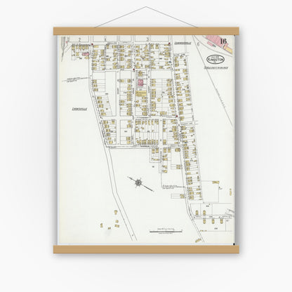 Old map wall art mockup — magnetic wood frame on white wall — Sanborn Fire Insurance Map from Kingston, Luzerne County, Pennsylvania (1919), Sheet #0016