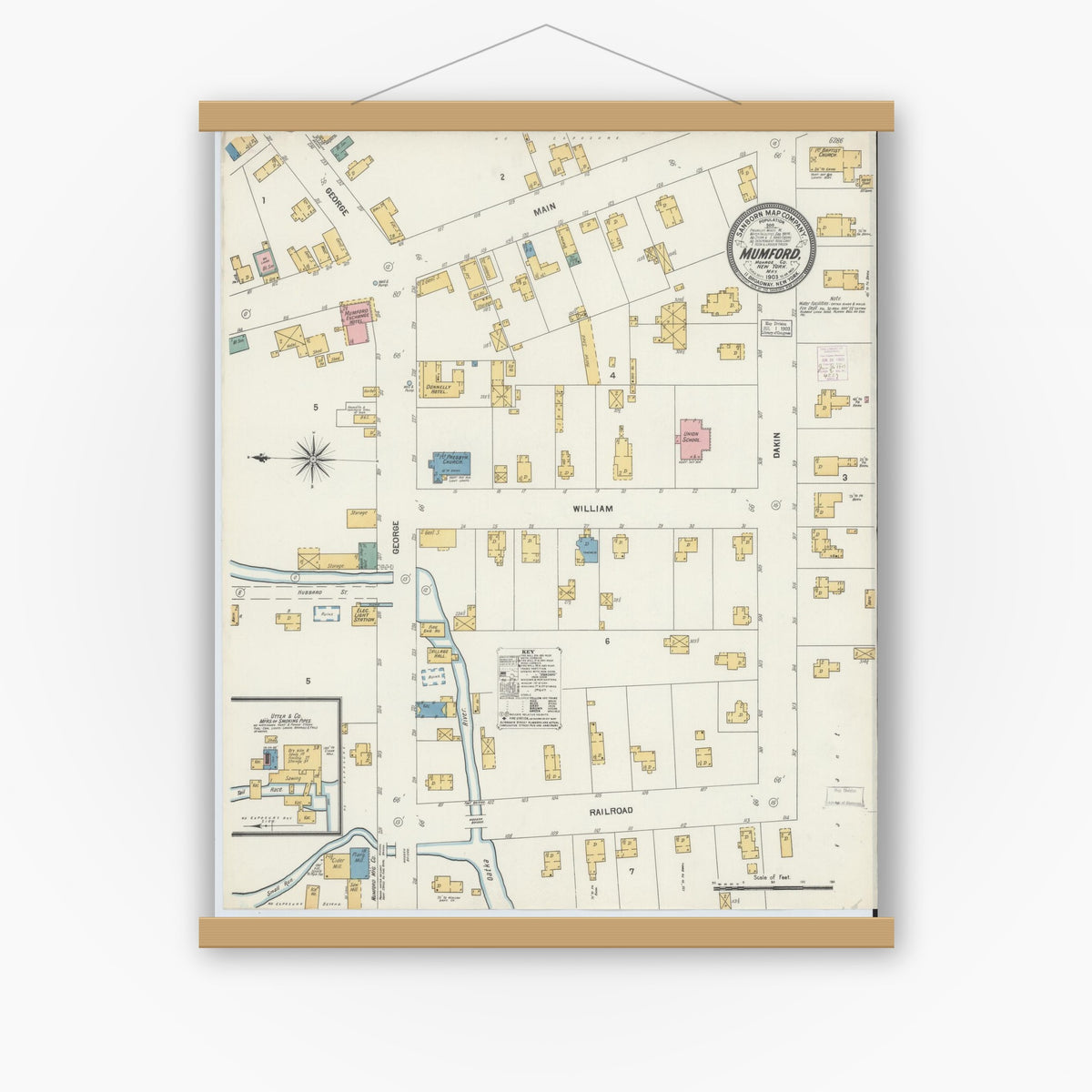 Old map wall art mockup — magnetic wood frame on white wall — Sanborn Fire Insurance Map from Mumford, Monroe County, New York (1903), Sheet #0001