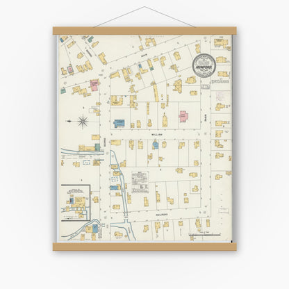 Old map wall art mockup — magnetic wood frame on white wall — Sanborn Fire Insurance Map from Mumford, Monroe County, New York (1903), Sheet #0001