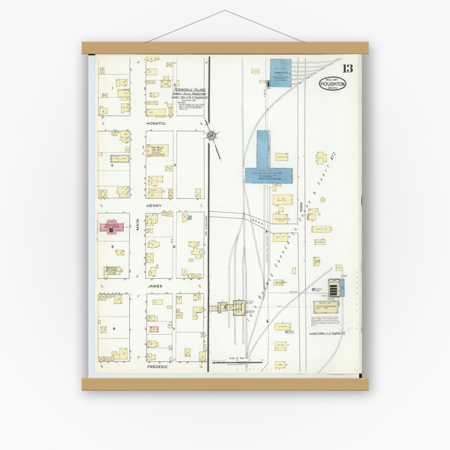 Old map wall art mockup — magnetic wood frame on white wall — Sanborn Fire Insurance Map from Houghton, Houghton County, Michigan (1917), Sheet #0013