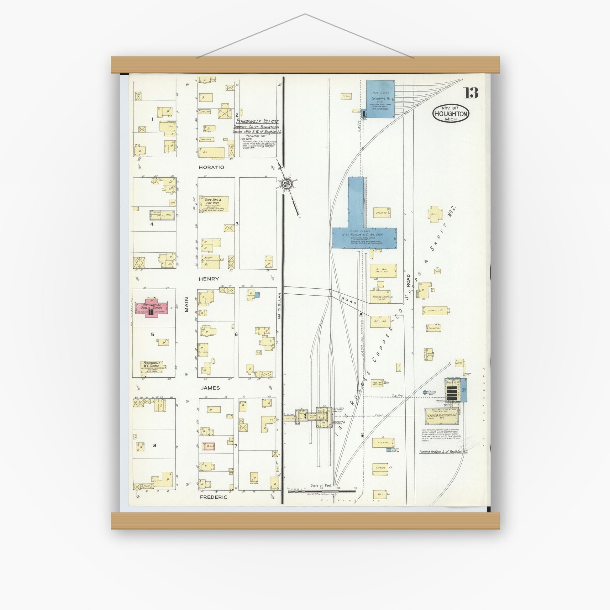 Old map wall art mockup — magnetic wood frame on white wall — Sanborn Fire Insurance Map from Houghton, Houghton County, Michigan (1917), Sheet #0013