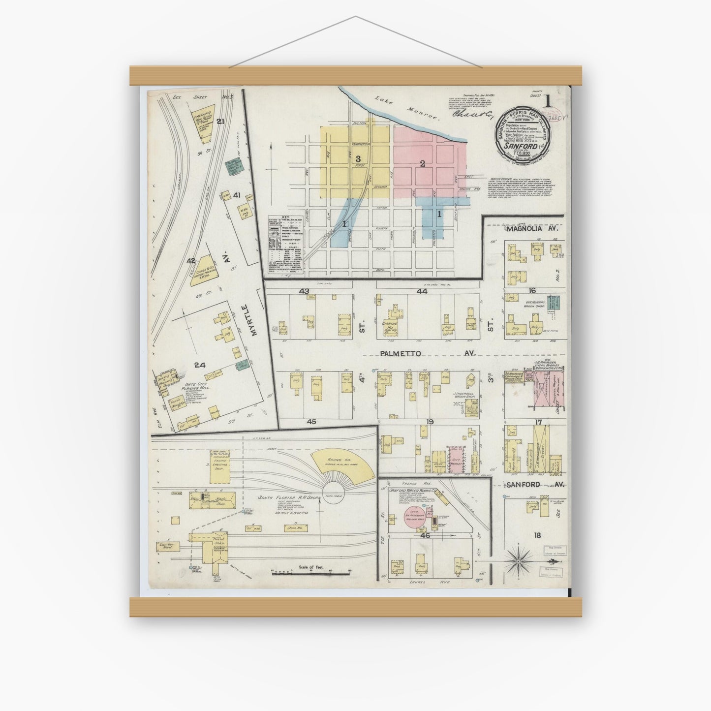 Old map wall art mockup — magnetic wood frame on white wall — Sanborn Fire Insurance Map from Sanford, Seminole County, Florida (1890), Sheet #0001