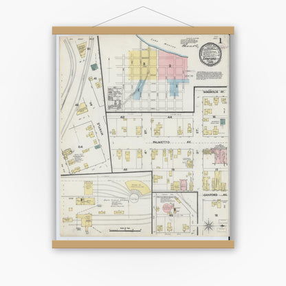 Old map wall art mockup — magnetic wood frame on white wall — Sanborn Fire Insurance Map from Sanford, Seminole County, Florida (1890), Sheet #0001