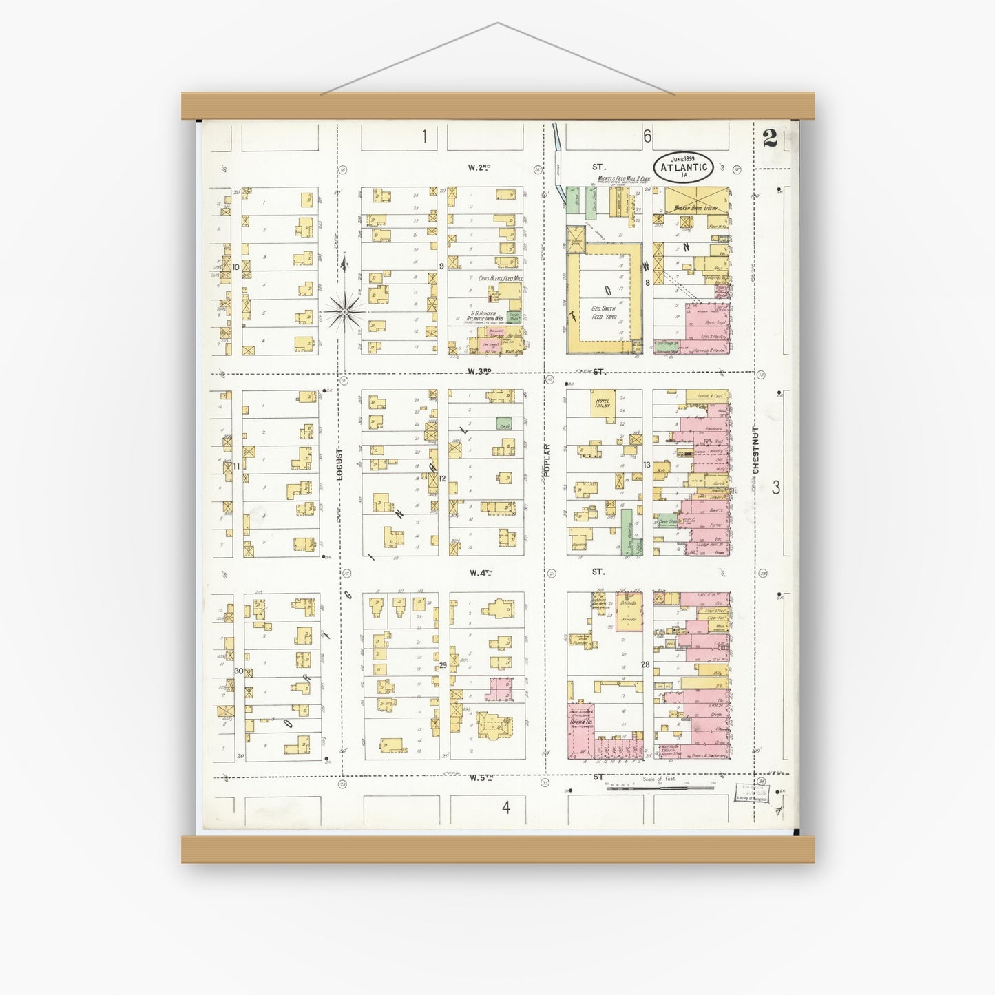 Old map wall art mockup — magnetic wood frame on white wall — Sanborn Fire Insurance Map from Atlantic, Cass County, Iowa (1899), Sheet #0002