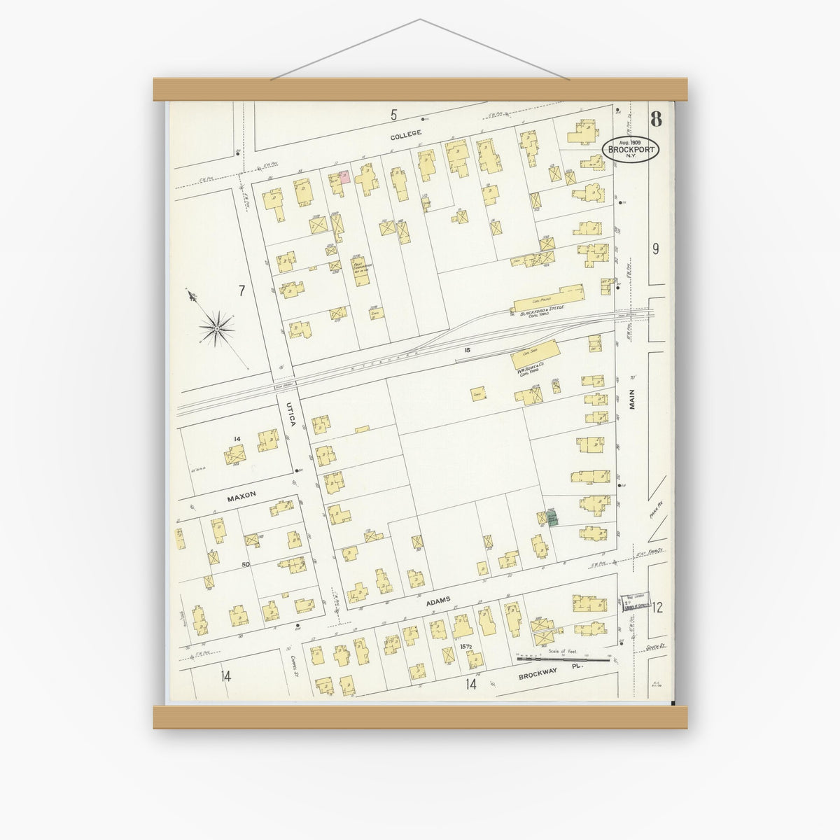 Old map wall art mockup — magnetic wood frame on white wall — Sanborn Fire Insurance Map from Brockport, Monroe County, New York (1909), Sheet #0008