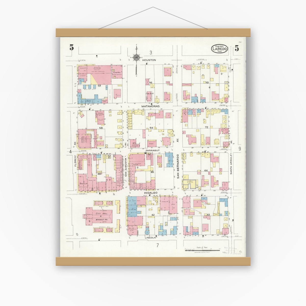 Old map wall art mockup — magnetic wood frame on white wall — Sanborn Fire Insurance Map from Laredo, Webb County, Texas (1925), Sheet #0005