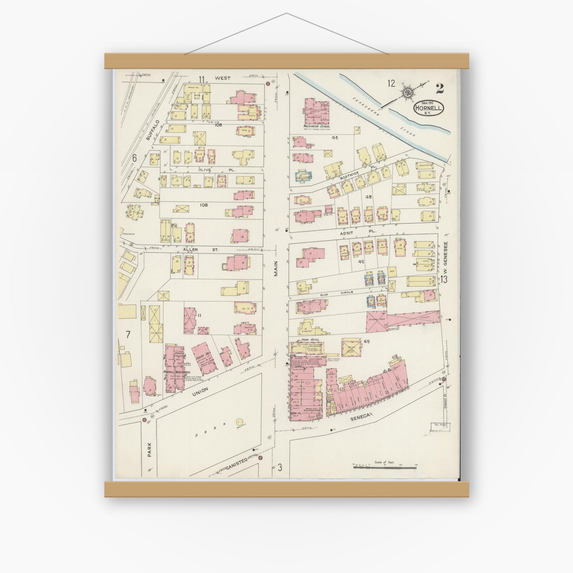 Old map wall art mockup — magnetic wood frame on white wall — Sanborn Fire Insurance Map from Hornell, Steuben County, New York (1915), Sheet #0002