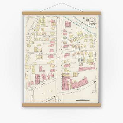 Old map wall art mockup — magnetic wood frame on white wall — Sanborn Fire Insurance Map from Hornell, Steuben County, New York (1915), Sheet #0002