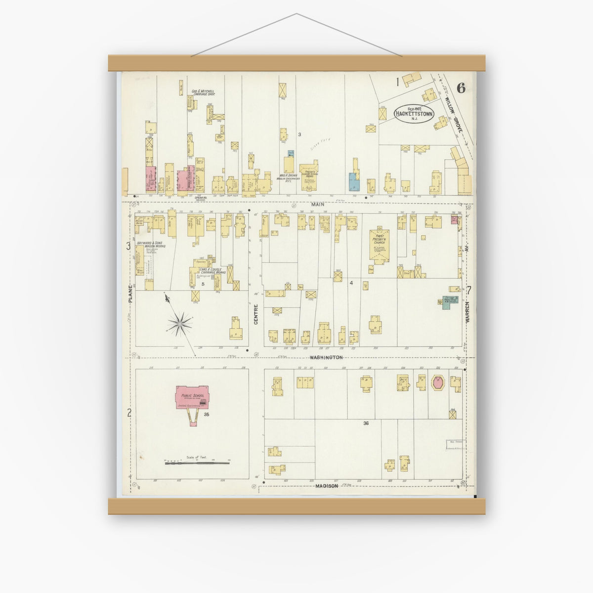 Old map wall art mockup — magnetic wood frame on white wall — Sanborn Fire Insurance Map from Hackettstown, Warren County, New Jersey (1902), Sheet #0006