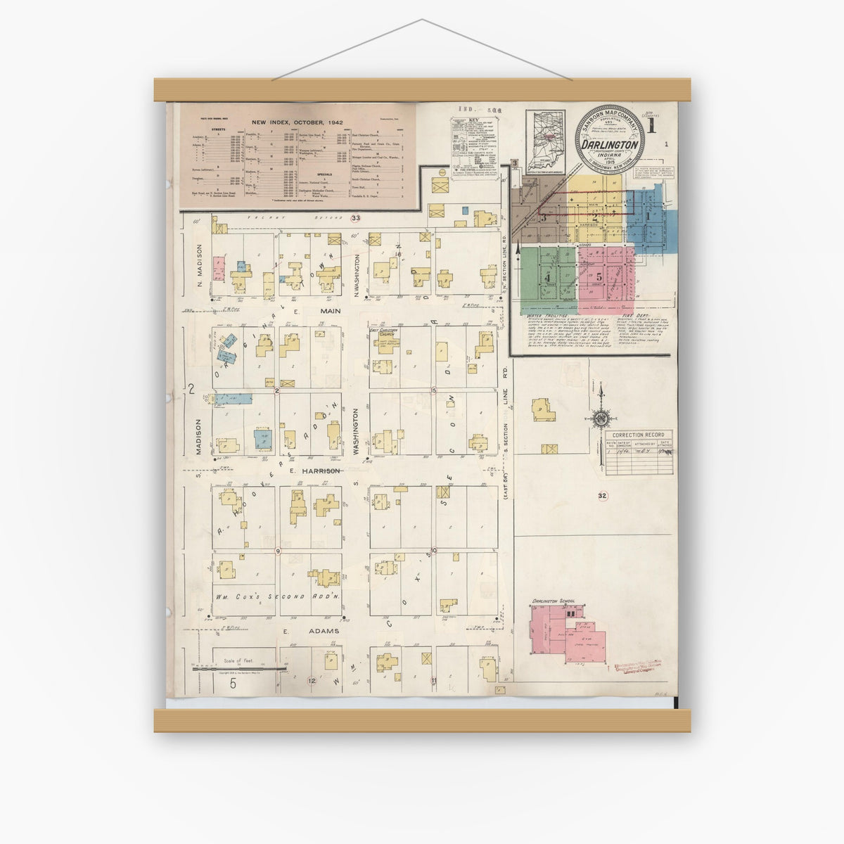 Old map wall art mockup — magnetic wood frame on white wall — Sanborn Fire Insurance Map from Darlington, Montgomery County, Indiana (1942), Sheet #0001