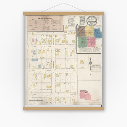 Old map wall art mockup — magnetic wood frame on white wall — Sanborn Fire Insurance Map from Darlington, Montgomery County, Indiana (1942), Sheet #0001