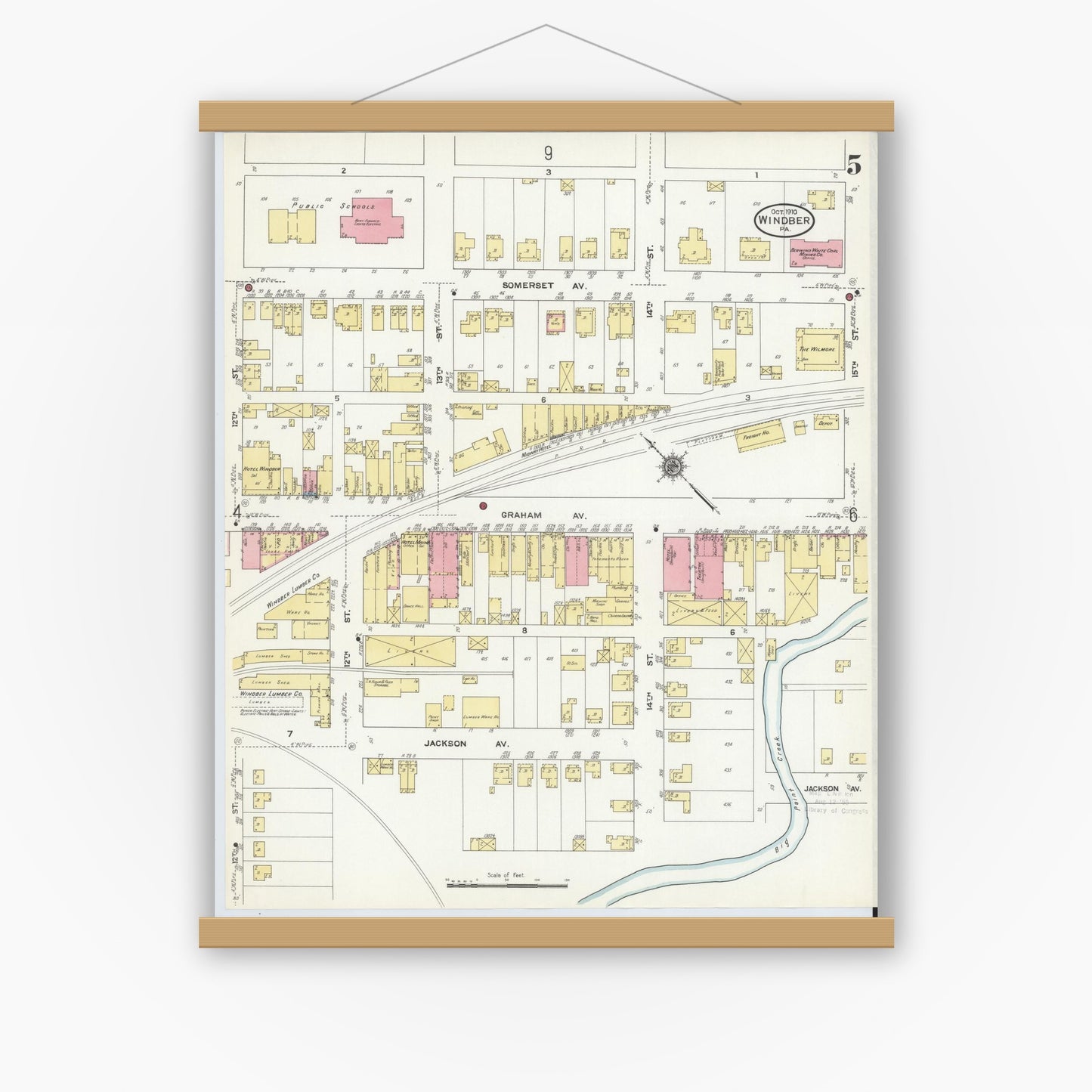 Old map wall art mockup — magnetic wood frame on white wall — Sanborn Fire Insurance Map from Windber, Somerset County, Pennsylvania (1910), Sheet #0005